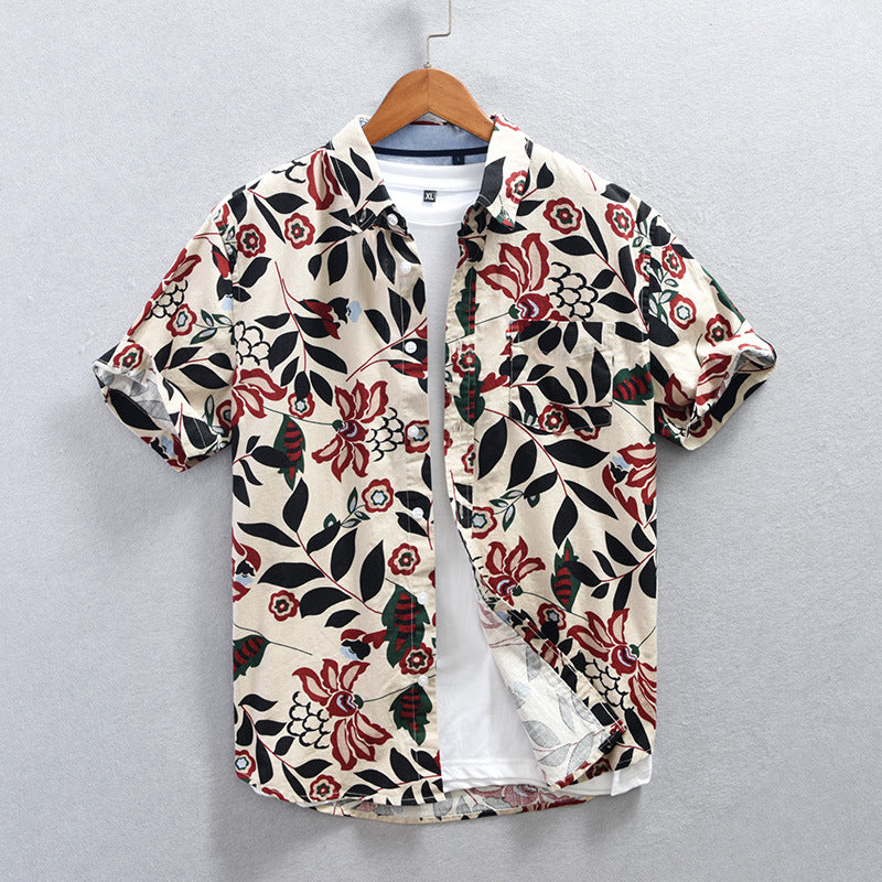 Mens Japanese-style Printed Casual Short-Sleeve Shirt