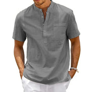 Cotton Linen Shirt Men Henley Neck