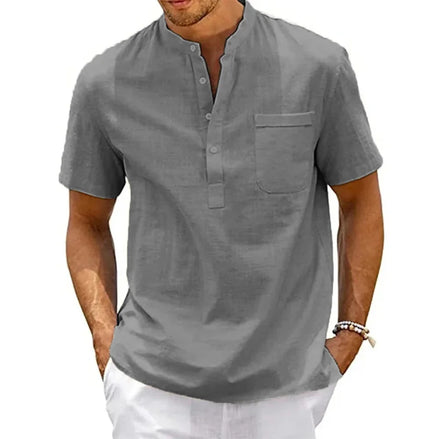 Cotton Linen Shirt Men Henley Neck
