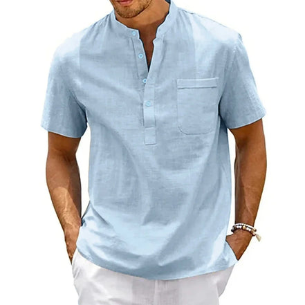 Cotton Linen Shirt Men Henley Neck