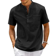 Cotton Linen Shirt Men Henley Neck