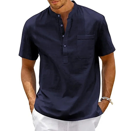 Cotton Linen Shirt Men Henley Neck