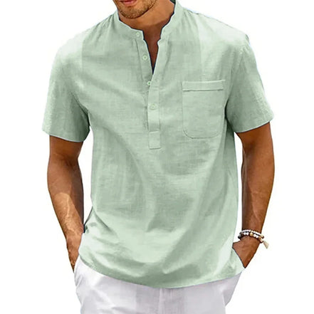 Cotton Linen Shirt Men Henley Neck