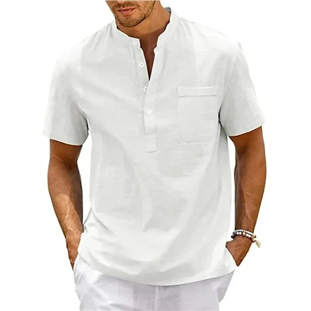 Cotton Linen Shirt Men Henley Neck