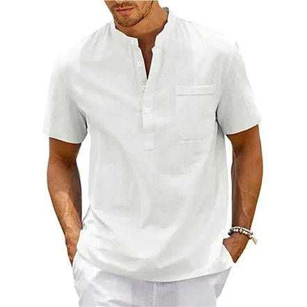 Cotton Linen Shirt Men Henley Neck