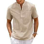 Cotton Linen Shirt Men Henley Neck