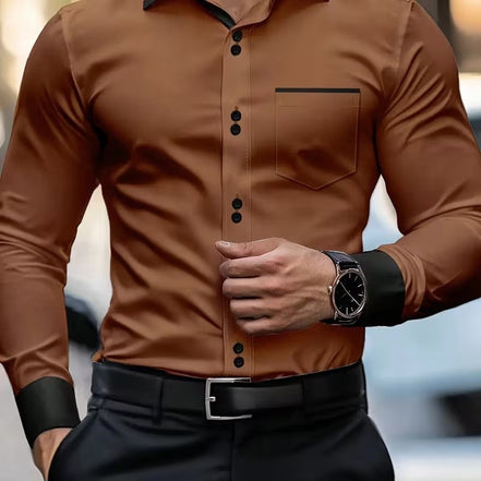 Mens Casual Solid-Color Pocket Long-Sleeve Shirt