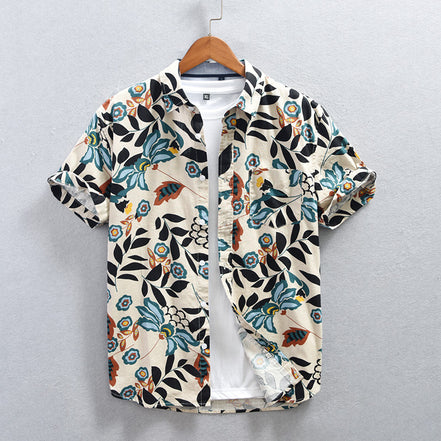 Mens Japanese-style Printed Casual Short-Sleeve Shirt